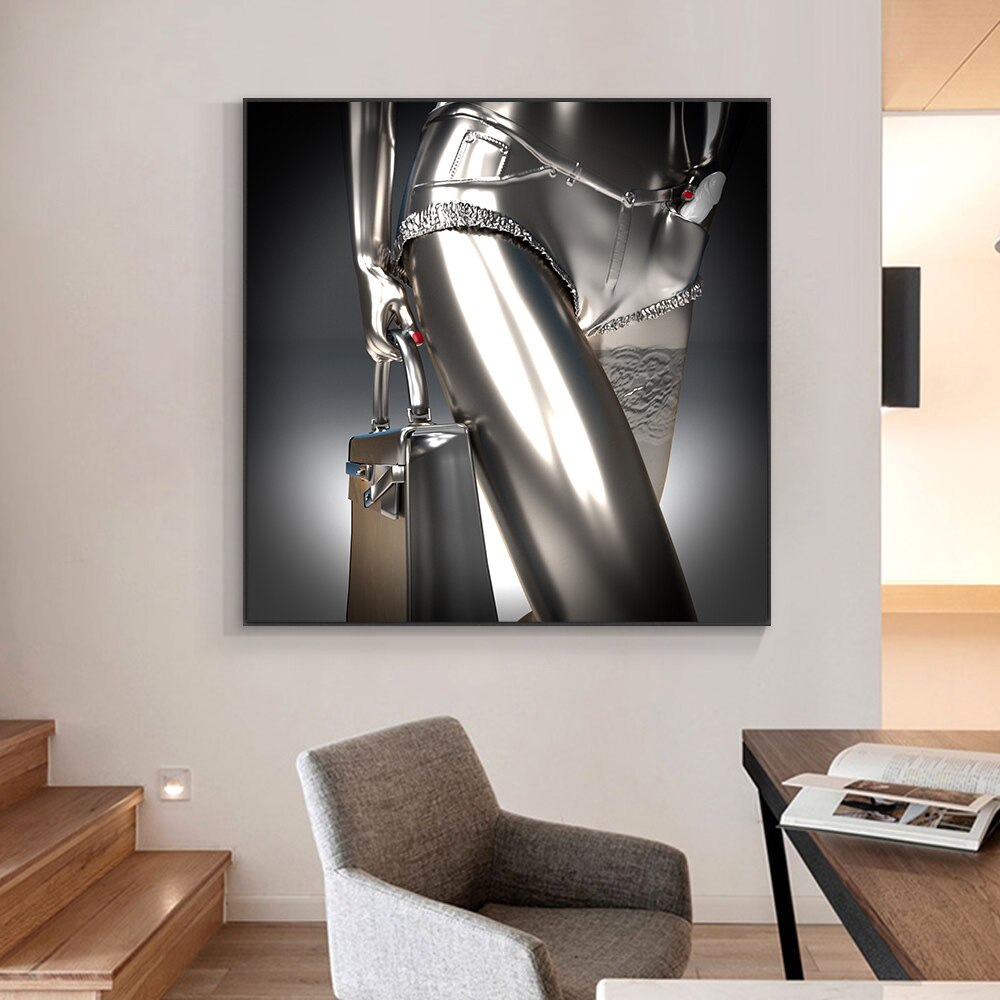 Modern Sexy Lady Sculpture Poster and Print Wall Picture Abstract Metal Figure Statue Art Canvas Painting for Living Room Decor