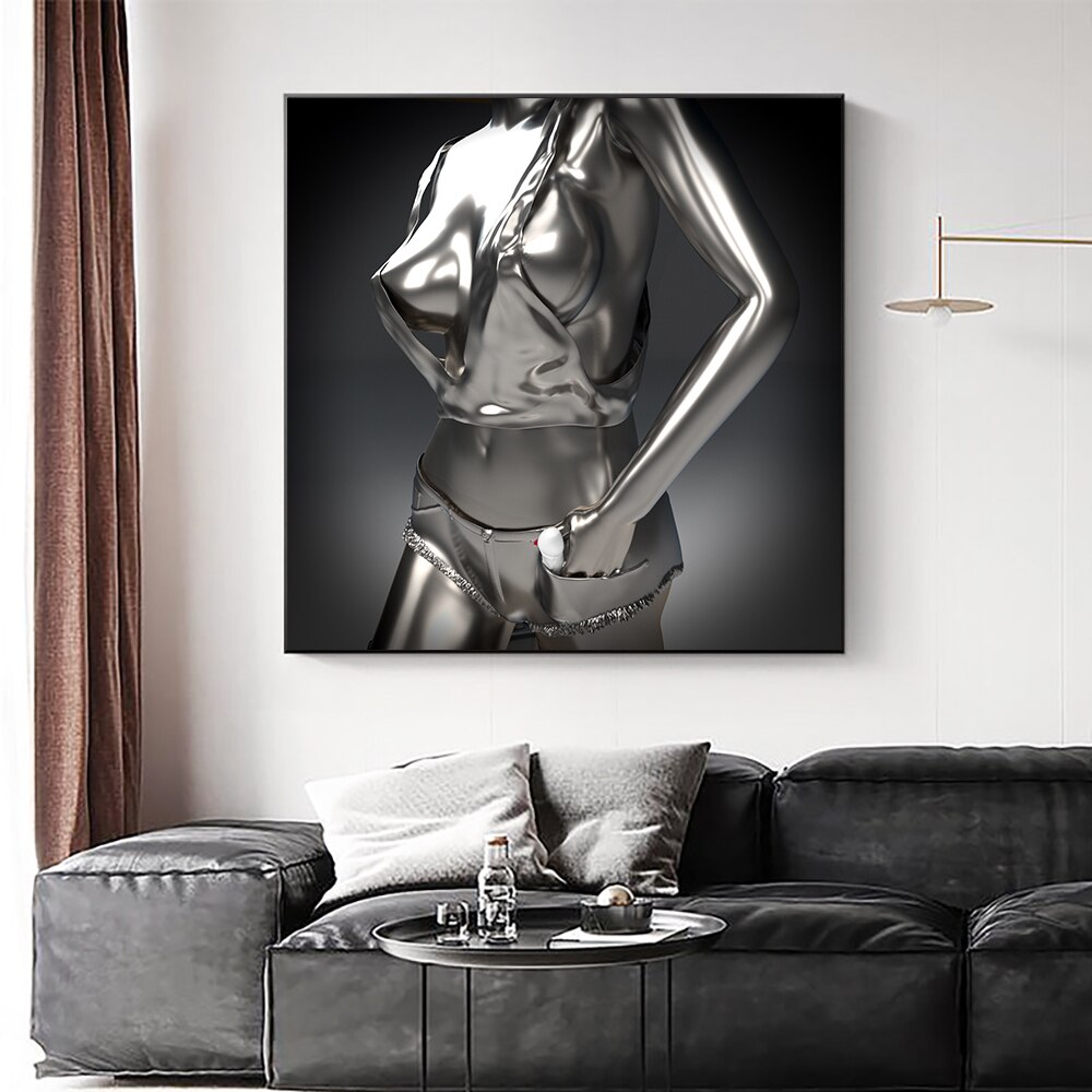 Modern Sexy Lady Sculpture Poster and Print Wall Picture Abstract Metal Figure Statue Art Canvas Painting for Living Room Decor